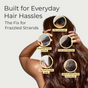 A woman with long, shiny brown hair touches her head and hair. Circular labels highlight concerns: flat, limp look; frizz and flyaways; breakage-prone strands—just what Tree To Tub’s Thickening Collagen and Biotin Shampoo & Conditioner Starter Set targets.