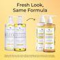 Two sets of Tree To Tub Thickening Collagen and Biotin Shampoo & Conditioner Starter Set bottles are shown with an arrow between them, indicating new packaging. The text says “Fresh Look, Same Formula.” A packaging update note is at the bottom.