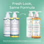 On the left, two Tree To Tub Volumizing Caffeine & Biotin Shampoo and Conditioner bottles feature a fresh look; on the right, two previous designs. Text: “Fresh Look, Same Formula” appears on a green gradient background with an arrow from left to right.