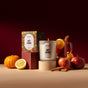 The Homesick Hot Cider Candle sits with its box, surrounded by apples, lemon, pumpkin, cinnamon sticks, and mulled cider—capturing the inviting autumn scent—against a rich red background.