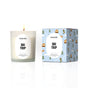 A lit Homesick Hot Cider Candle made from natural soy wax sits in a glass holder next to its decorative box, both displaying cozy autumn-inspired designs.