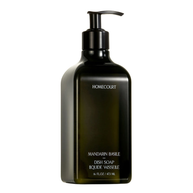 A green pump bottle labeled Homecourt Dish Soap contains 16 fl oz (473 mL) of liquid soap made with plant-derived surfactants and fragrance-forward scents, displayed against a white background.