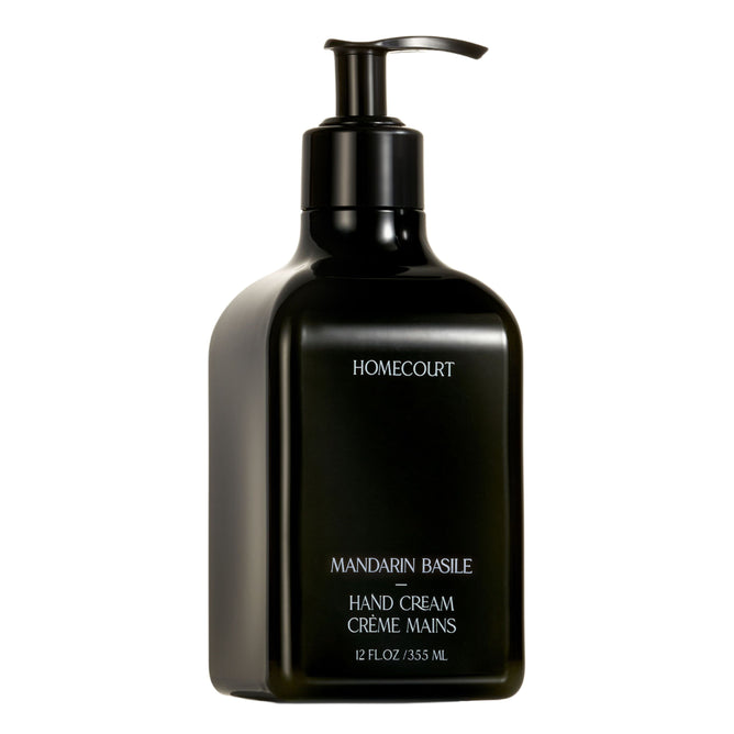 A black pump bottle labeled Homecourt Hand Cream, 12 fl oz / 355 ml, with white text; dermatologist-tested for gentle, nourishing care.