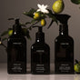 Three black bottles of Homecourt Hand Wash—crafted with eco-friendly ingredients—are displayed among green branches, white flowers, and unripe limes on a beige background.