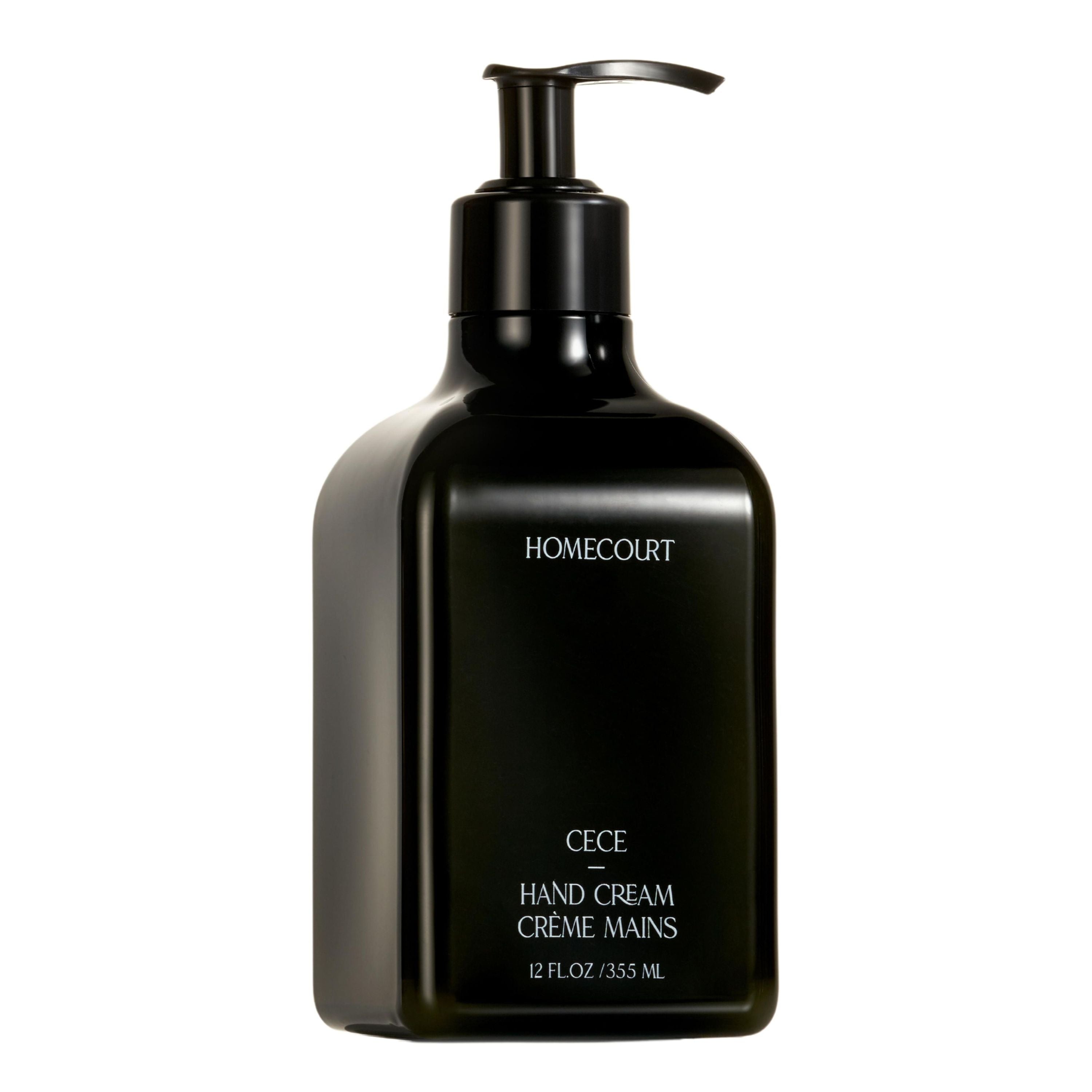 A black pump bottle of Homecourt Hand Cream, dermatologist-tested and labeled in white, contains 12 fl oz (355 ml) of moisturizing formula.