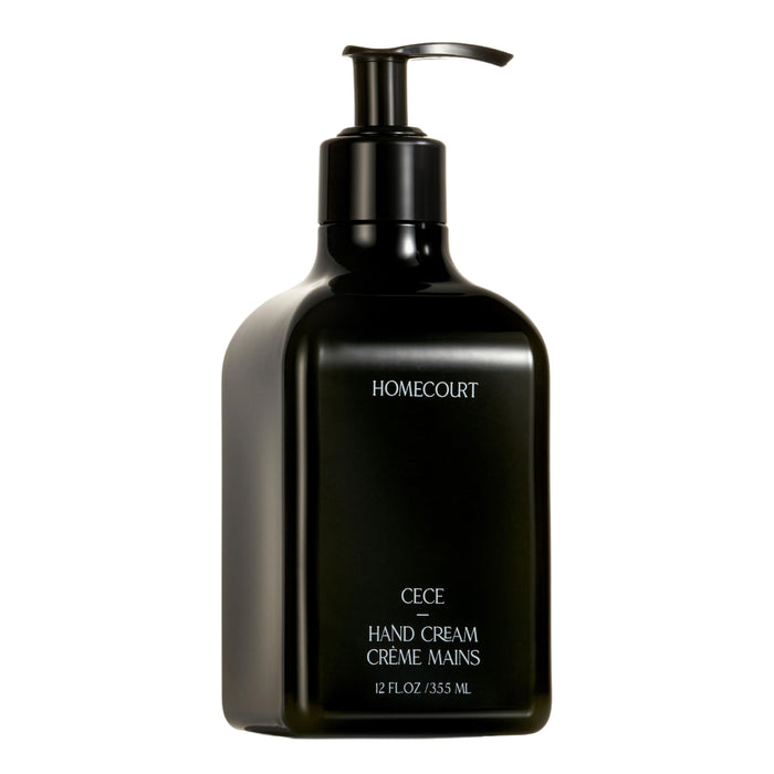 A black pump bottle of Homecourt Hand Cream, dermatologist-tested and labeled in white, contains 12 fl oz (355 ml) of moisturizing formula.