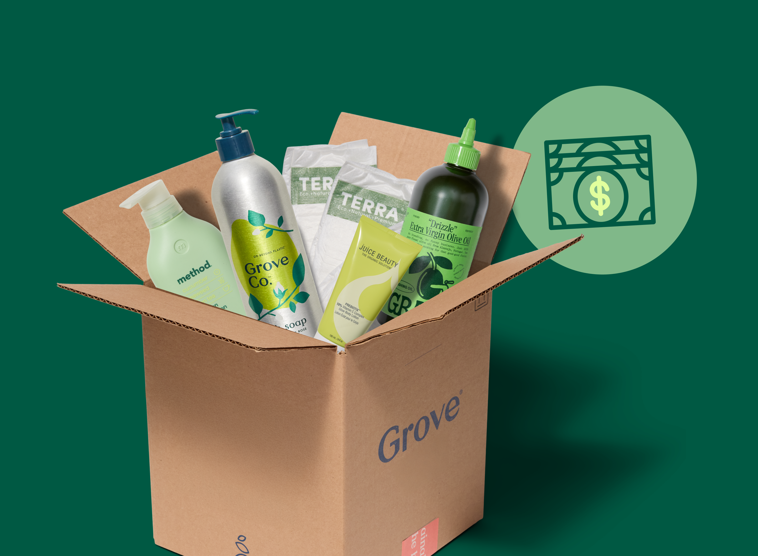 An open Grove box filled with eco-friendly products sits on a green background, with an icon of dollar bills to the right, suggesting savings or value.