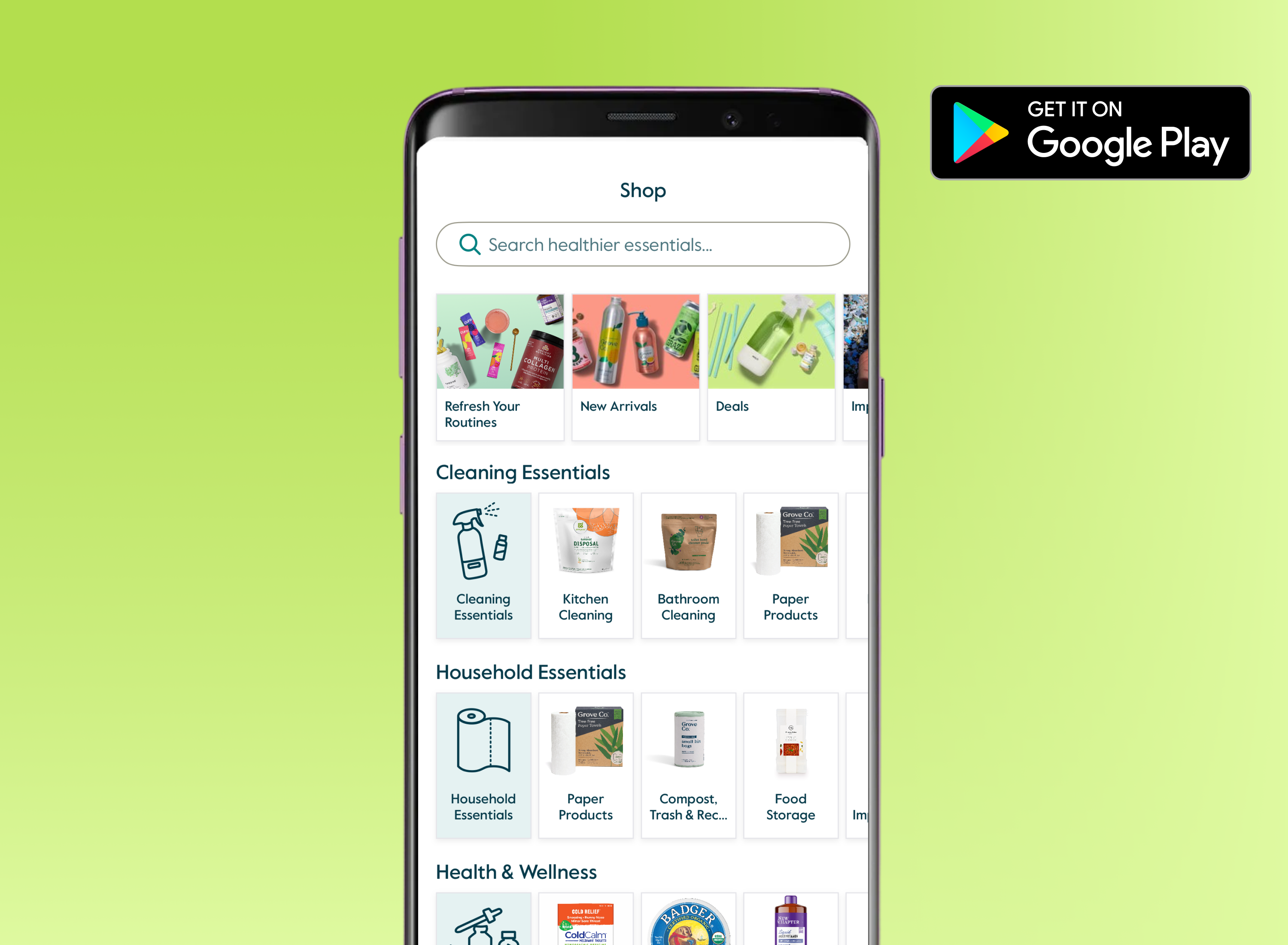 A smartphone displays a shopping app with categories like Cleaning Essentials and Household Essentials. The background is light green, and a Get it on Google Play badge appears in the top right corner.