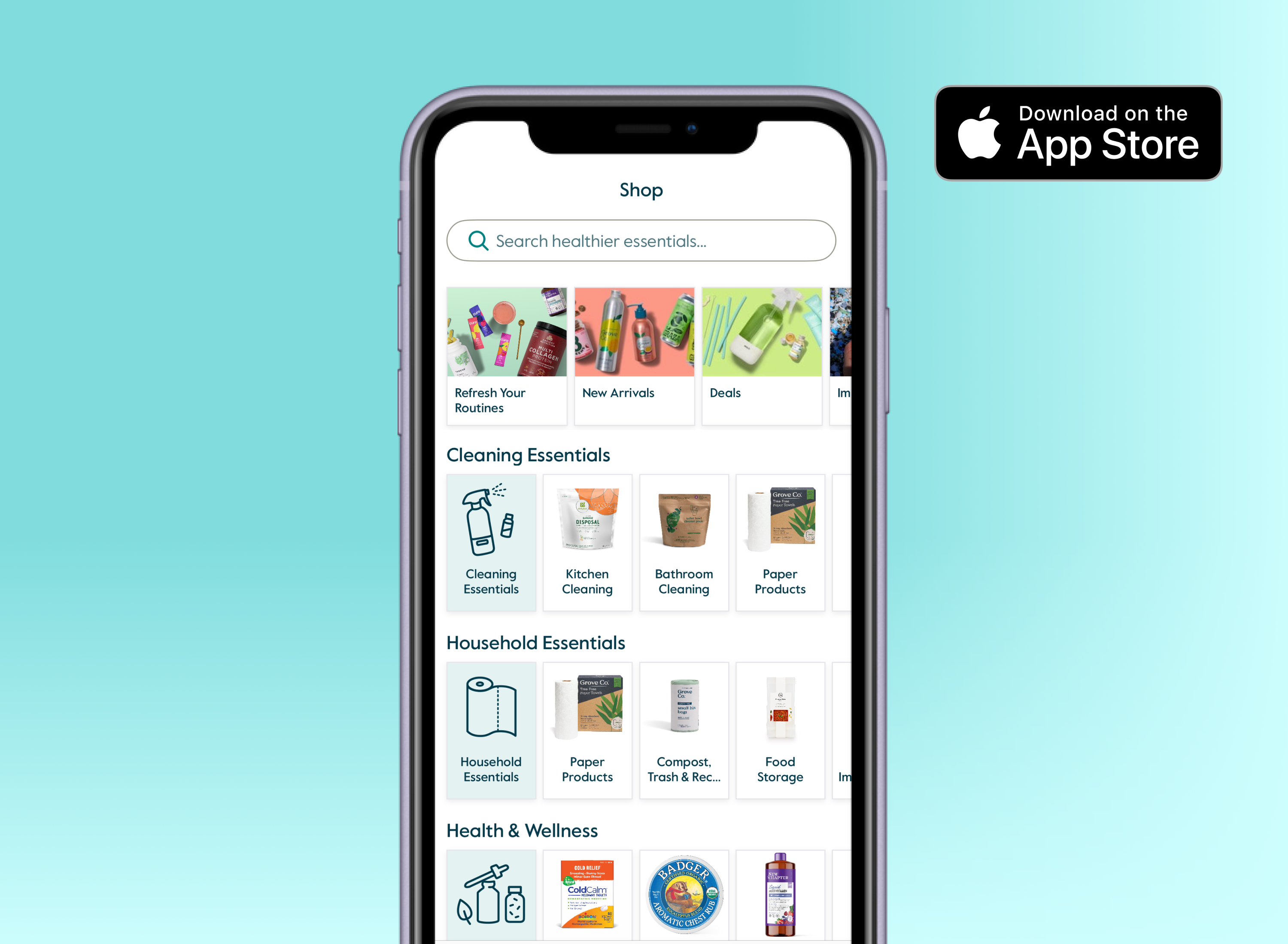 A smartphone screen displays a shopping app with categories like Cleaning Essentials, Household Essentials, and Health & Wellness. An “App Store” download button is shown in the top right corner on a blue background.