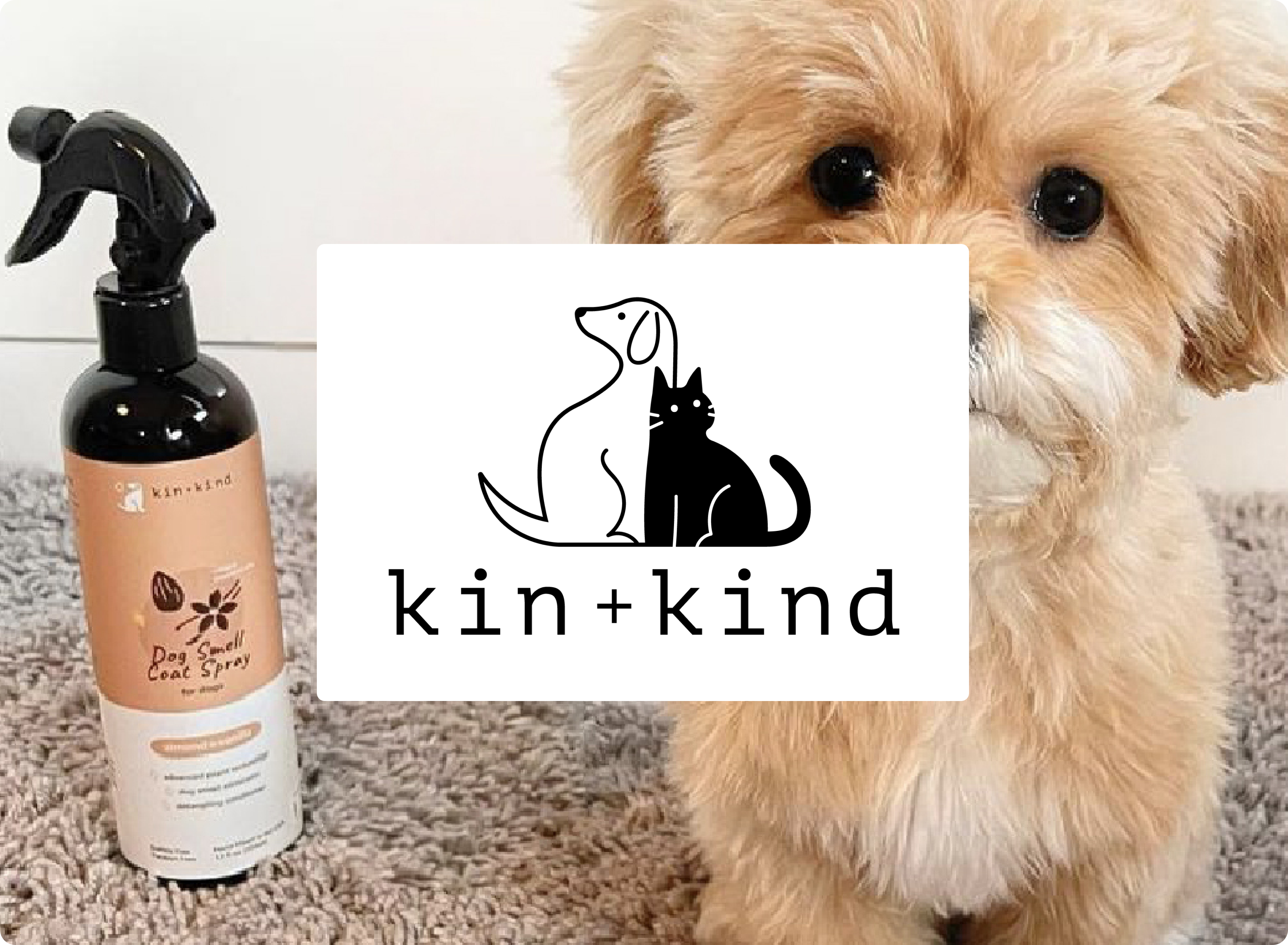 Dog with a bottle of kin+kind pet product and the brand logo.