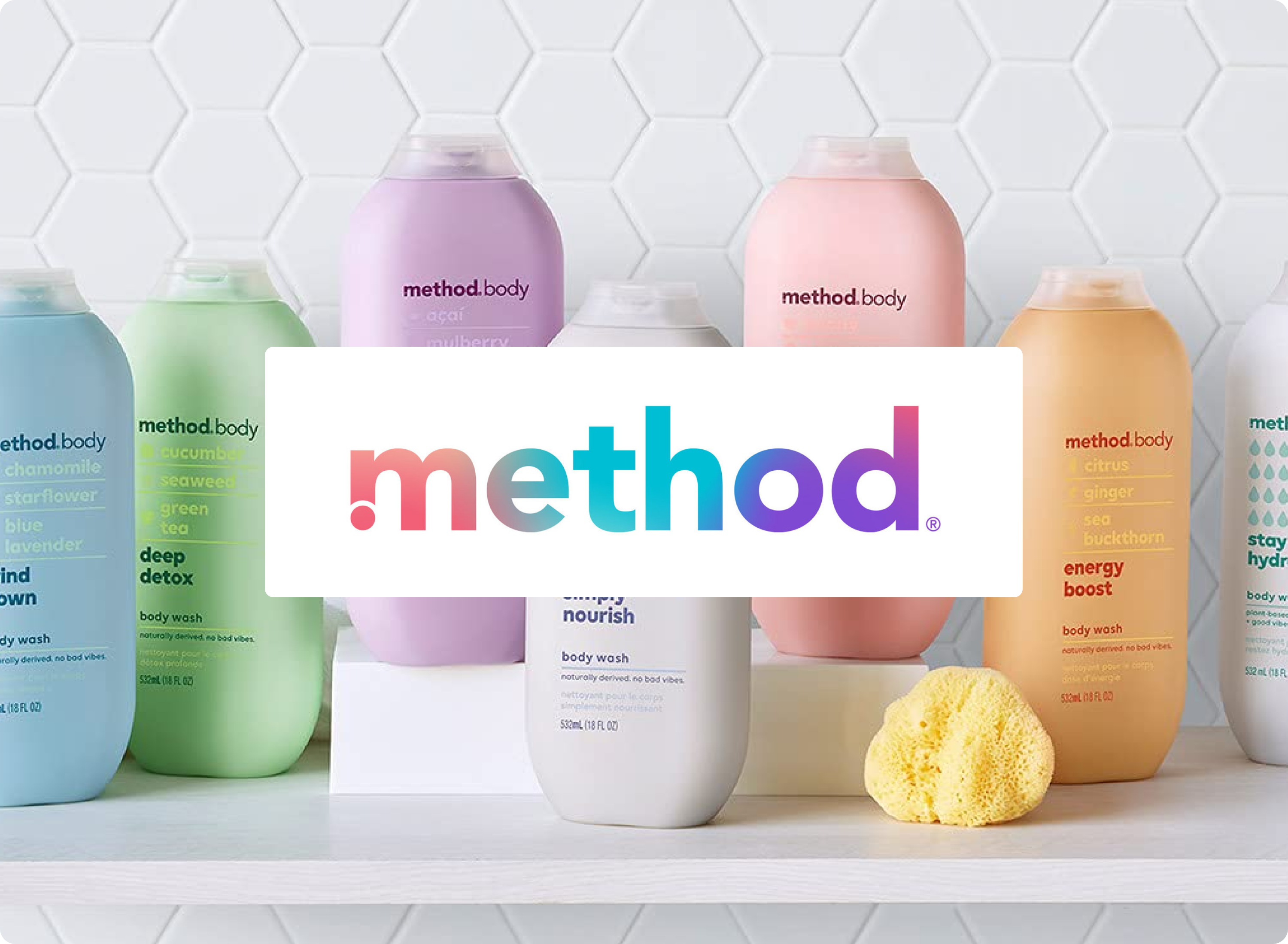 Collection of Method brand body wash bottles on a white surface with a tiled wall background.