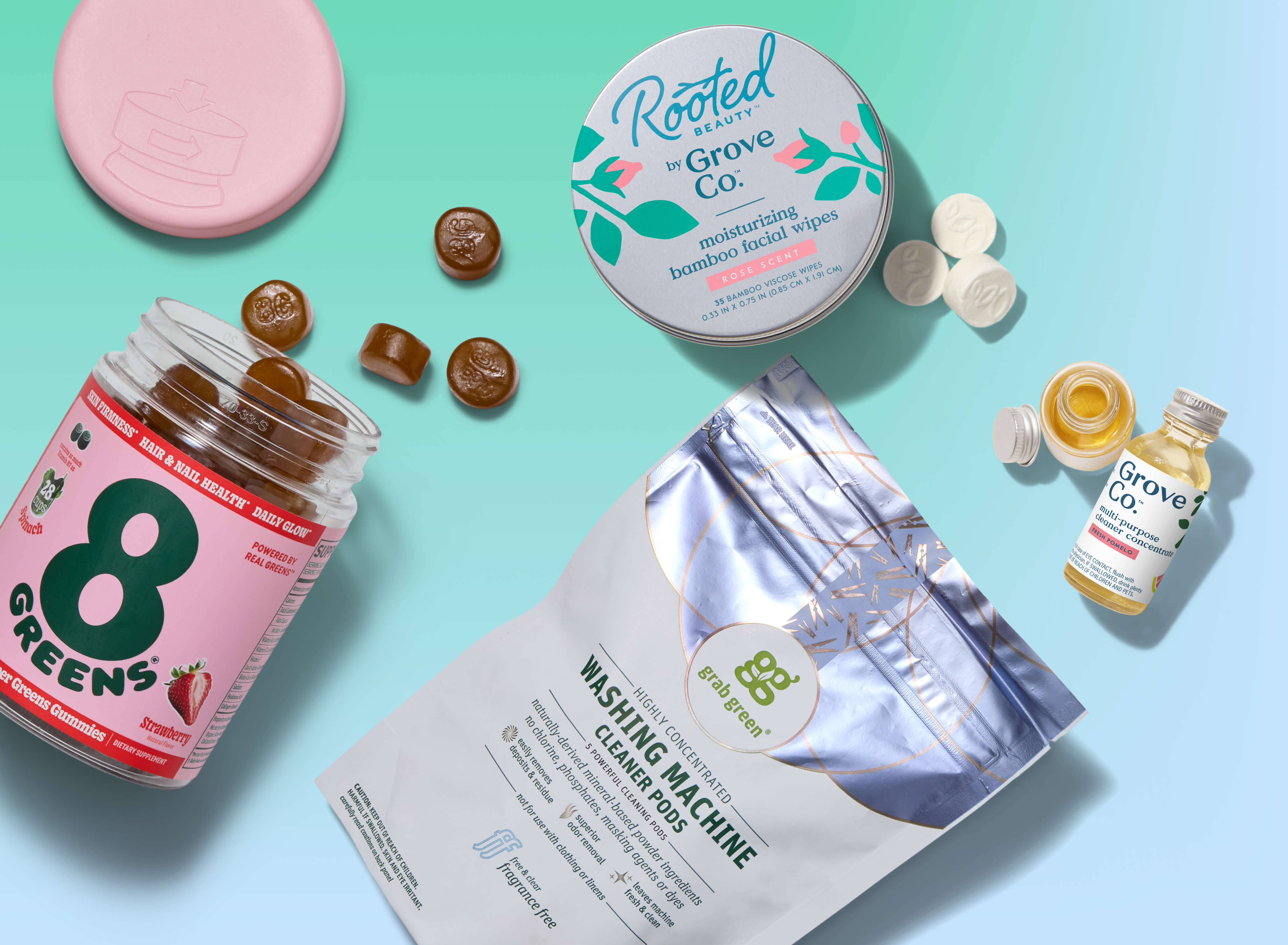 Collection of '8 Greens' and 'Rooted by Grove Co.' products on a light blue background