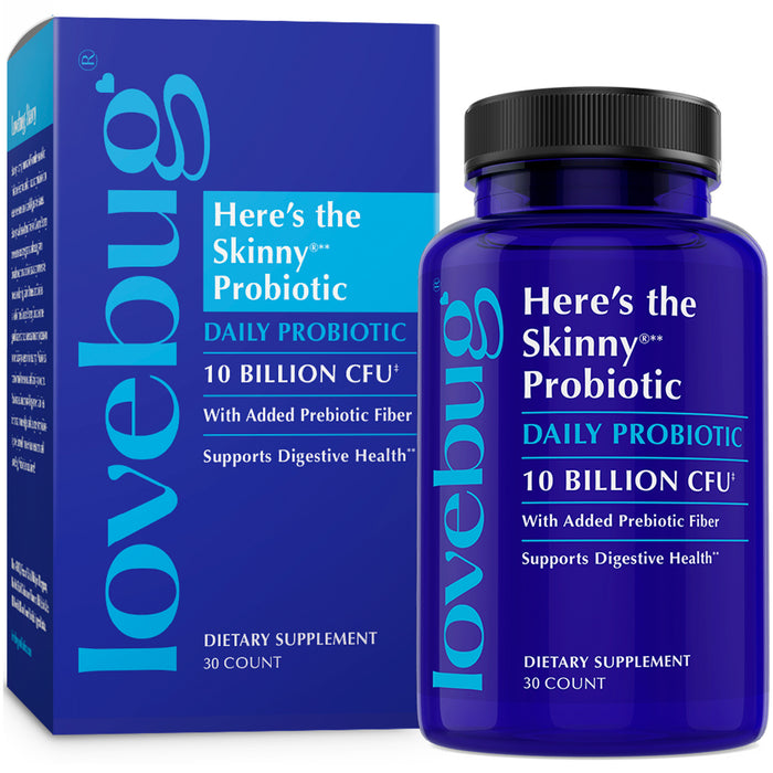 Lovebug Heres the Skinny Daily Probiotic supports digestive health with 10 Billion CFU and prebiotic fiber. Each blue bottle contains 30 capsules of high-quality probiotics, all packaged in a box.