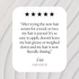 A glowing five-star review celebrates the UpCircle Hair Serum with Rice Water + Baobab for delivering shiny, joyful hair, easy application, and impressive frizz control—leaving no greasy residue behind. The background displays light, wavy streaks.