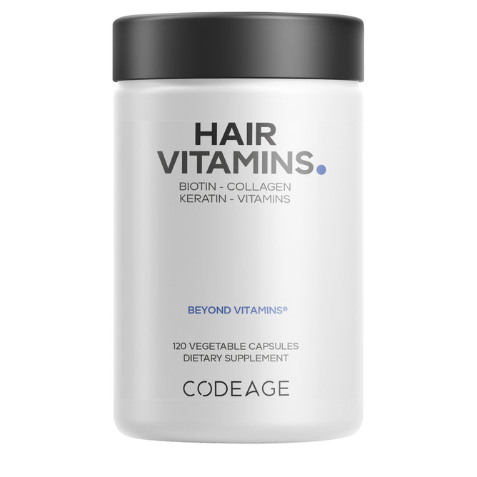 Codeage Hair Vitamins is a premium dietary supplement in a white bottle with black lid, containing biotin, collagen, keratin, and essential vitamins. Each bottle has 120 vegetable capsules to help support healthy hair.