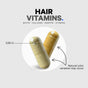 Two Codeage Hair Vitamins capsules—biotin supplements with collagen and keratin—are shown beneath the text HAIR VITAMINS, with labels noting natural color variation, 0.86 in capsule size, and added vitamins for healthy hair.