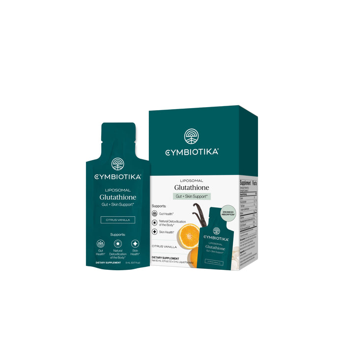 A packet and box of Cymbiotika Liposomal Glutathione Liquid Packets - Gut + Skin Support* in citrus vanilla flavor, featuring teal packaging with an image of a sliced lemon and vanilla flower on the box, designed to provide antioxidant support and promote detoxification.