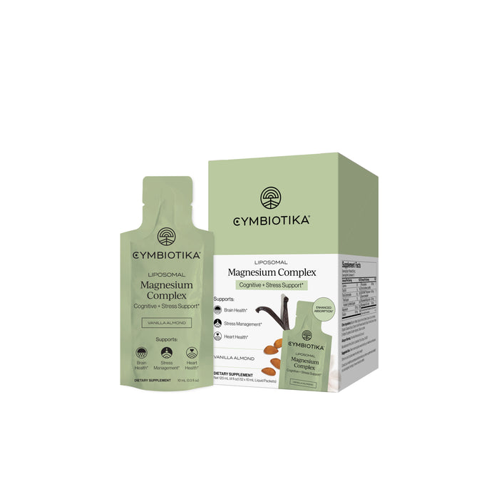 A sachet and box of Cymbiotika Liposomal Magnesium Complex Packets - Cognitive + Stress Support in vanilla almond flavor, featuring green packaging.