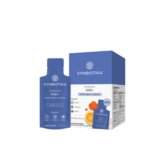 A packet and box of Cymbiotika Liposomal NAD+ Packets – Healthy Aging + Longevity, organic vanilla flavor, featuring icons for energy, longevity, and support. Specially designed to boost cellular function and energy metabolism, the box showcases nutritional information alongside an image of an orange slice.