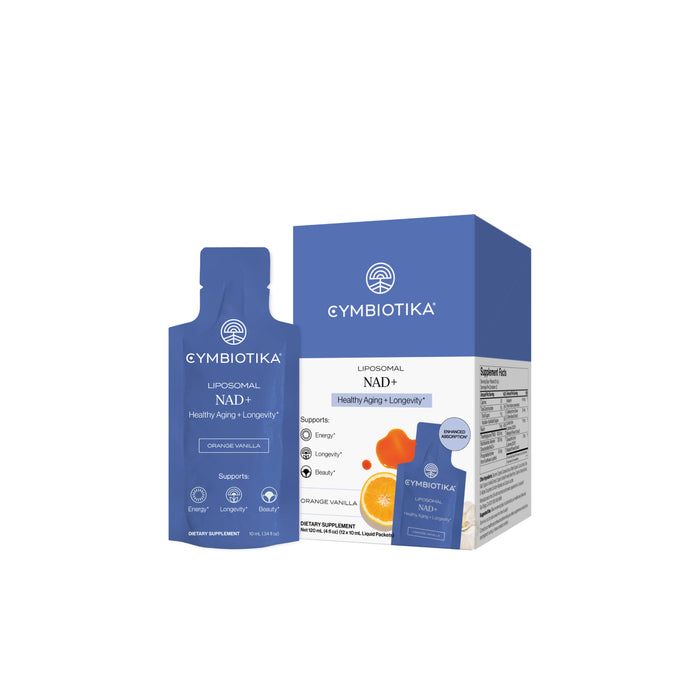 A packet and box of Cymbiotika Liposomal NAD+ Packets – Healthy Aging + Longevity, organic vanilla flavor, featuring icons for energy, longevity, and support. Specially designed to boost cellular function and energy metabolism, the box showcases nutritional information alongside an image of an orange slice.