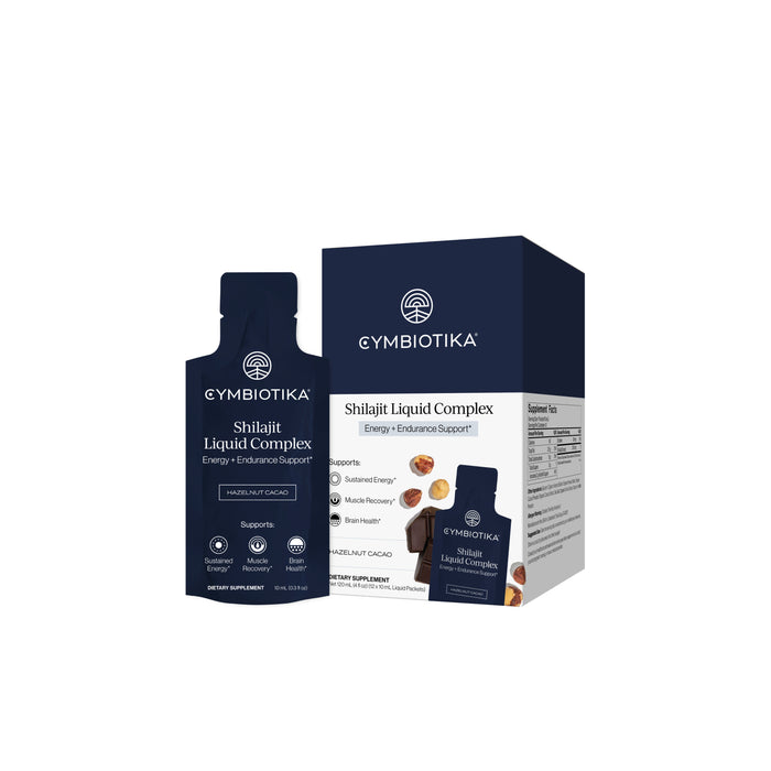 A packet and box of Cymbiotika Shilajit Liquid Complex Packets - Energy + Endurance Support, featuring dark blue packaging with white text, images of cocoa and shilajit resin, and a highlight on potent fulvic minerals for energy, endurance support, and cognitive function.