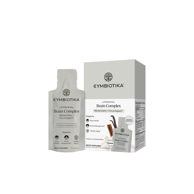 A sachet and box of Cymbiotika Liposomal Brain Complex Packets - Mental Clarity + Focus Support, Vanilla Chai flavor, featuring benefits for cognitive function, mental clarity, and stress management powered by Zembrin.