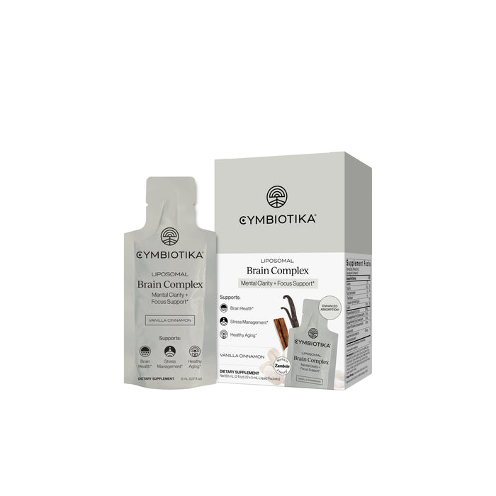 A sachet and box of Cymbiotika Liposomal Brain Complex Packets - Mental Clarity + Focus Support, Vanilla Chai flavor, featuring benefits for cognitive function, mental clarity, and stress management powered by Zembrin.