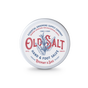 A round metal tin of Old Salt Hand and Foot Salve with a rosemary and sage scent; natural ingredients; white label features blue and red text plus a central rosemary sprig design.