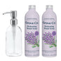 The Grove Co. Hand Soap Starter Pack Bundle includes two Hydrating Hand Soap Refills in Lavender Blossom & Thyme and a clear dispenser with a silver pump. The soap bottles feature lavender illustrations on a pale purple background.