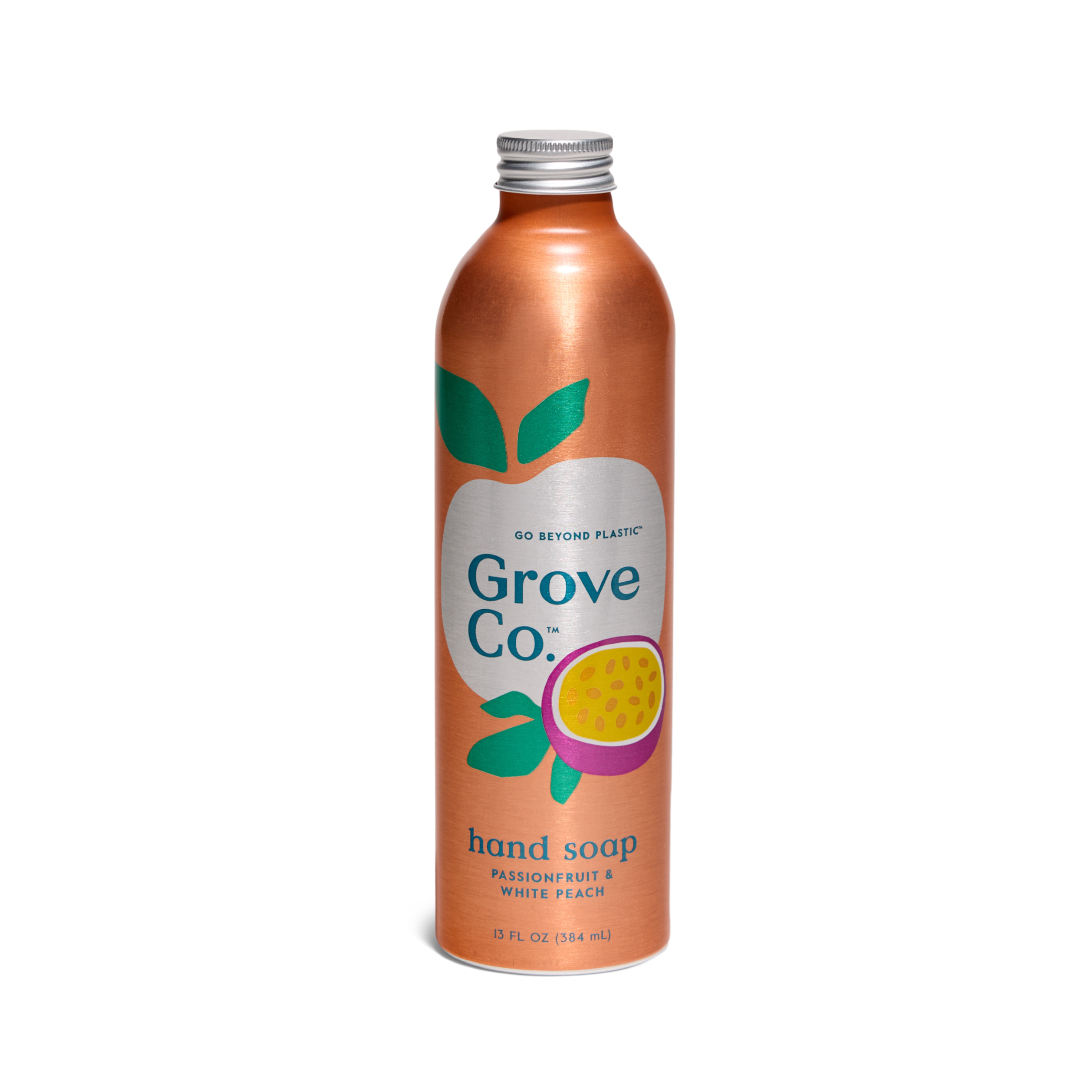 A tall, metallic orange Grove Co. Hydrating Hand Soap Refill bottle, adorned with green leaves and a passionfruit design, is made from recyclable aluminum. Its label reads Passion Fruit & White Peach and advocates for sustainable choices with plant-based ingredients.
