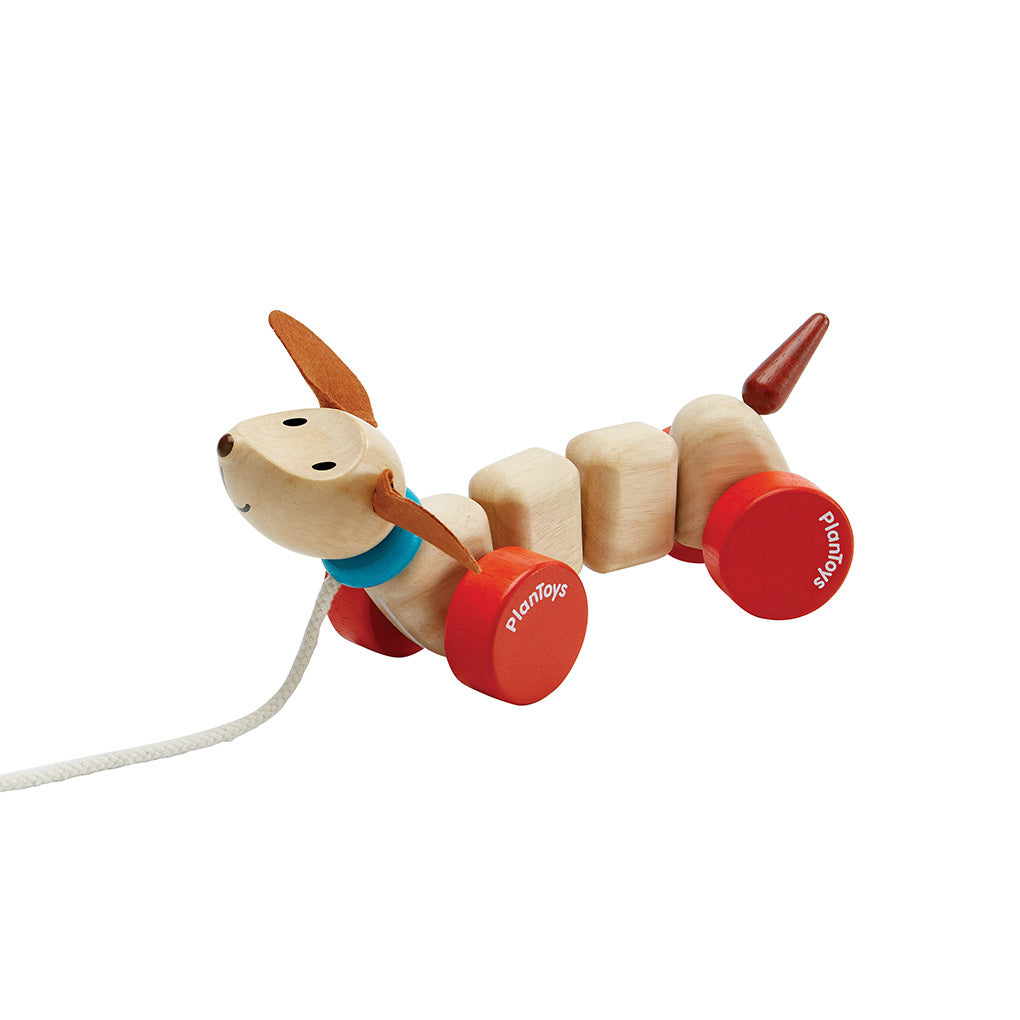 The Happy Puppy Pull Toy for Toddlers by PlanToys is a sustainable wooden dog with red wheels, a blue collar, floppy brown ears, and blocky segments—perfect for encouraging gross motor skills in little ones.