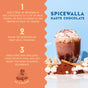 A glass mug of hot chocolate made with Deluxe Hot Chocolate - Spicy Mexican Blend by Spicewalla sits beside marshmallows and chocolate. Instructions are listed on an orange background with a mug illustration at the bottom.