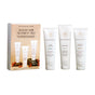 A box labeled Healthy Hair Treatment Trio by Innersense Organic Beauty sits beside three white tubes—Detox Hair Mask, Repair Mask, and Hydrating Hair Mask—each crafted to restore and revitalize your hair’s health.