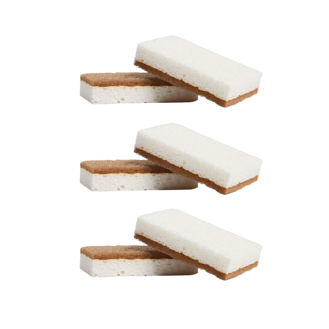 Three pairs of layered sponge cakes, each with white and brown layers, are arranged vertically against a white background, resembling Grove Co. Heavy-Duty Agave Scrubber Sponges (3-Pack), made from natural agave fibers for plant-based cleaning.