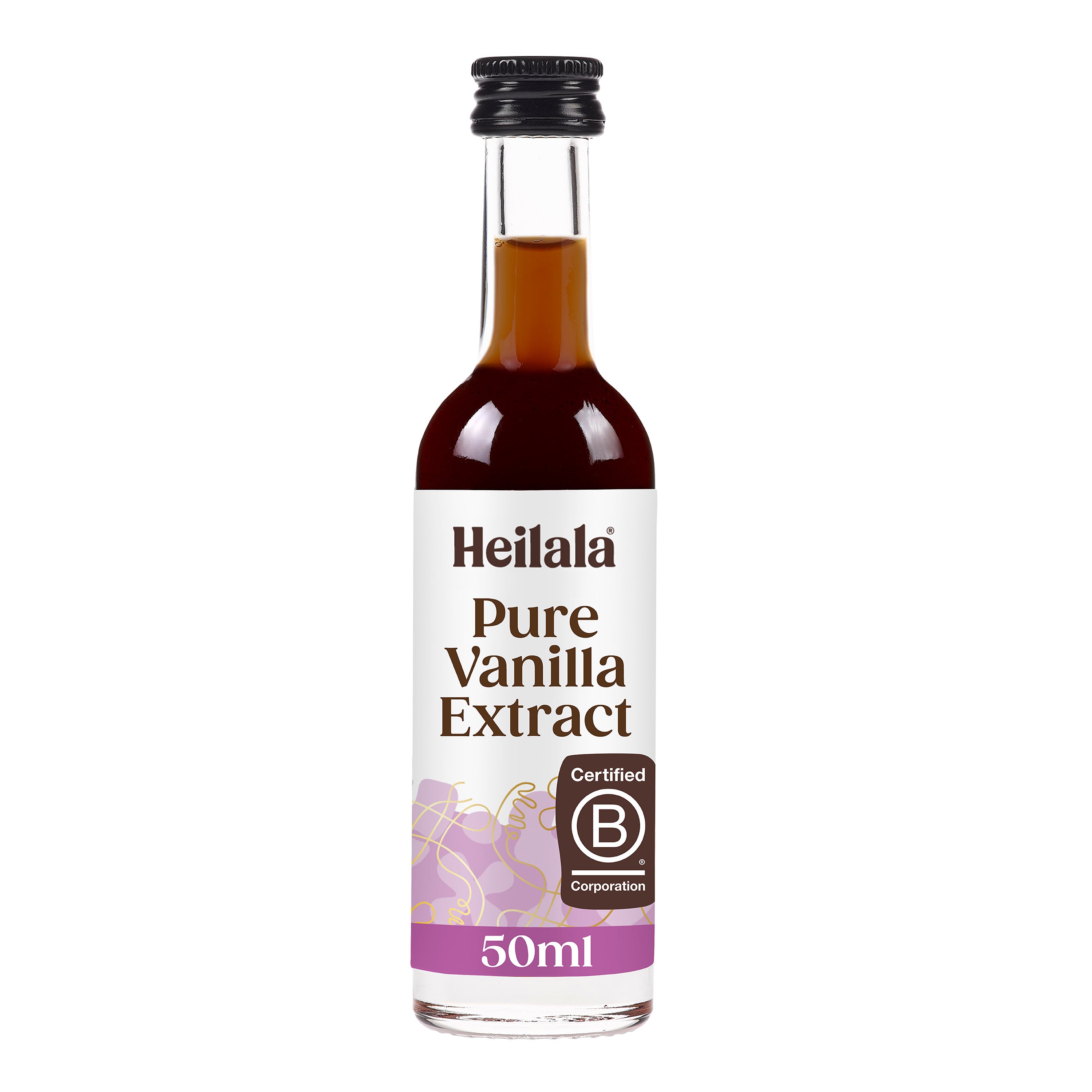 A 50ml glass bottle of Heilala Pure Vanilla Extracount with a black cap and white label, featuring gold and purple text plus the Certified B Corporation logo—crafted with ethical vanilla for sustainable sourcing.