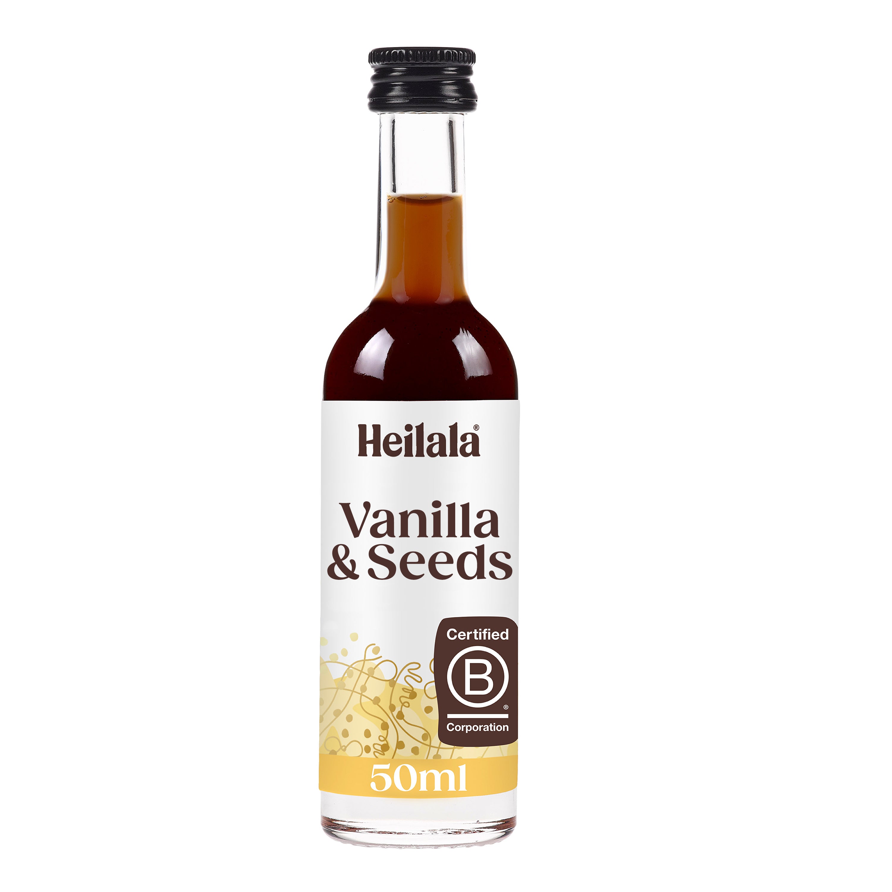 A 50ml glass bottle of Heilala Vanilla with Seed, featuring pourable vanilla extract with visible seeds. The white label displays gold accents, text, the Certified B Corporation logo, and the Heilala brand name.
