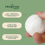 A hand holds a Hemp & Cotton Ball from Hempress Hygienics beside text emphasizing its pure, plant-based blend of organic cotton and hemp fibers; gentle, fragrance-free, chlorine-free formulation; and sustainably grown, plastic-free benefits.