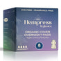 A box of Hempress Hygienics Hemp Overnight Pads, featuring dye-free and fragrance-free organic cotton and hemp fiber for superior absorption. The purple and blue box with floral graphics contains 8 overnight pads.