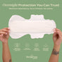 Two hands hold a white Hemp Overnight Pad by Hempress Hygienics against a green background. Text highlights features like super absorption, overnight protection, maximum absorbency, and zero irritation. Icons and the Hempress Hygienics logo appear below.