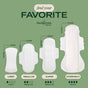 Four types of white sanitary pads from Hempress Hygienics are displayed in increasing size against a green background for easy comparison. Each pad—including Liner, Regular, Super, and Hemp Overnight Pads—features clearly marked dimensions and absorbency levels. Options such as super absorption and organic cotton pads are highlighted, with every product labeled for straightforward identification.