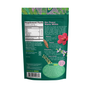Back of Kuli Kuli Foods Her Power Superfood Drink Mix with supplement facts and ingredient details for hibiscus, baobab, chasteberry, and black cohosh for PMS support. Features an illustrated hibiscus flower and decorative top patterns.