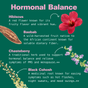Infographic titled "Her Power Superfood Drink Mix" by Kuli Kuli Foods, featuring hibiscus, baobab, chasteberry, and black cohosh for hormonal balance and PMS support on a green background.