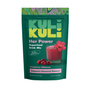 A green pouch of Kuli Kuli Foods Her Power Superfood Drink Mix, Cranberry Hibiscus flavor, featuring a pink drink, cranberries, and hibiscus. The packaging highlights organic ingredients for PMS support and hormonal balance.