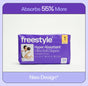 A purple package of Freestyle Tree Free Bamboo Diapers, size 1, with 34 eco-friendly diapers. Packaging highlights “Absorbs 55% More,” “New Design,” and shows a mother holding a baby.