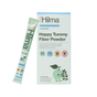 A box and stick pack of Hilma Kids Happy Tummy Fiber Powder Packets, a 5g fiber, 0g sugar kids supplement in playful light blue and green packaging with child-friendly designs and illustrations of a child, leaves, and benefits.
