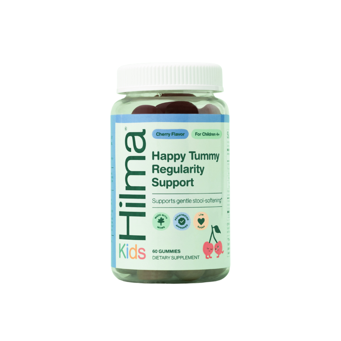 Hilma Kids Happy Tummy Regularity Support Gummies, cherry flavor, are gentle stool-softening gummies for constipation relief in children ages 4+. Each bottle contains 60 dietary supplement gummies.