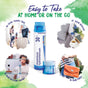 A tube of Boiron Histaminum 30C Meltaway Pellets + Bonus Pack - Allergy Relief is shown in a travel bag, by a bedside, in a medicine cabinet, and in a purse. Text reads: Easy to take at home or on the go—perfect for managing allergy symptoms wherever you are.