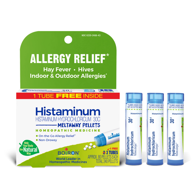 Box labeled "Histaminum 30C Meltaway Pellets + Bonus Pack – Allergy Relief" by Boiron; contains three tubes of meltaway pellets for homeopathic allergy relief from hay fever symptoms and hives; features green, yellow, and white packaging; includes “1 tube free” text.