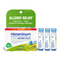 Box labeled "Histaminum 30C Meltaway Pellets + Bonus Pack – Allergy Relief" by Boiron; contains three tubes of meltaway pellets for homeopathic allergy relief from hay fever symptoms and hives; features green, yellow, and white packaging; includes “1 tube free” text.
