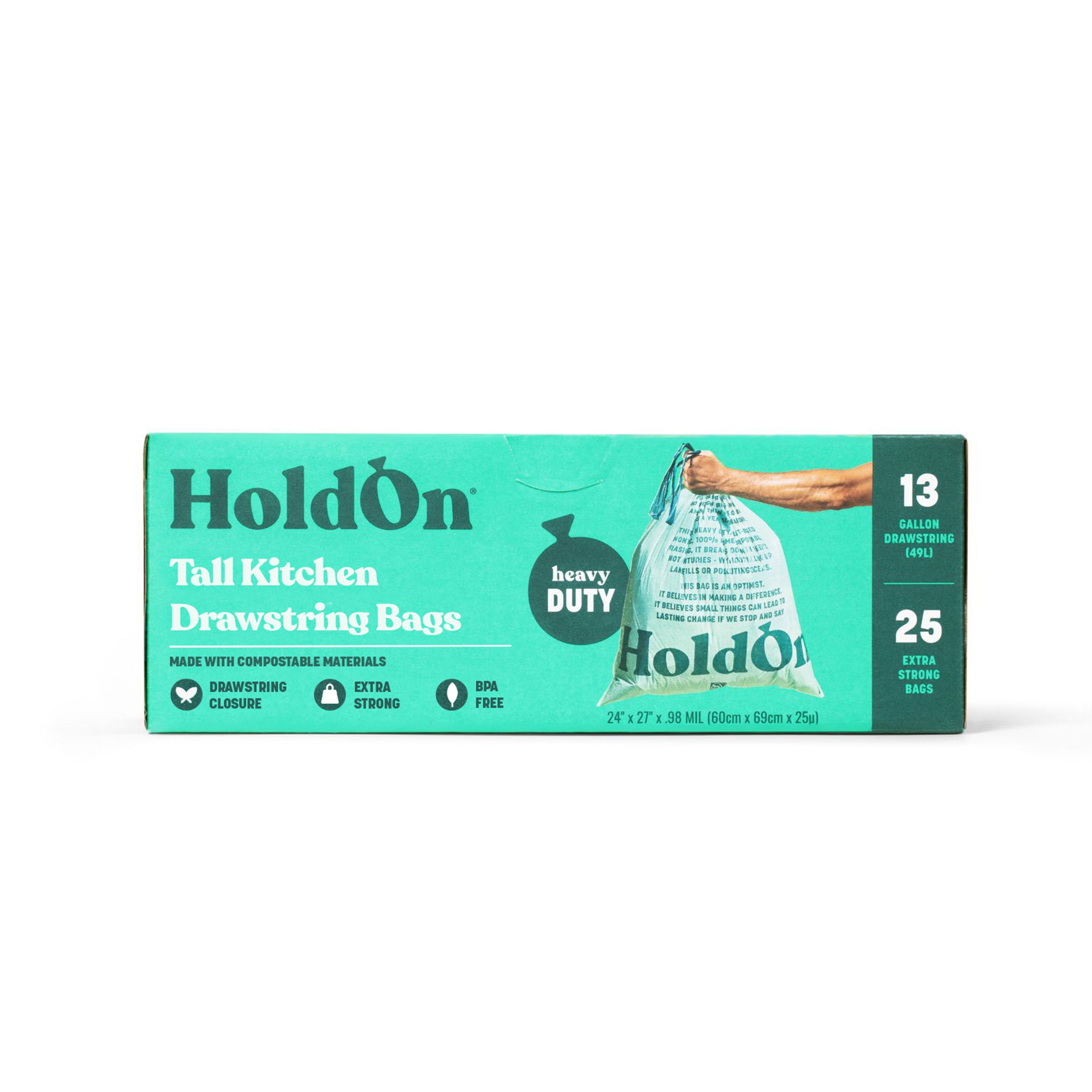 A turquoise box of HoldOn Bags Compostable Tall Kitchen Bags, 13 gal - Unscented, contains 25 extra-strong, BPA-free, drawstring kitchen bags. The box shows a hand holding a filled bag and icons for drawstring closure and extra strength.